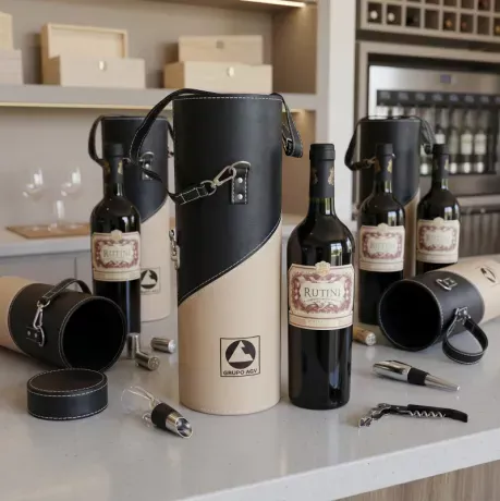 Set de vino tubo eco cuero con logo. Cliente: Grupo Agv